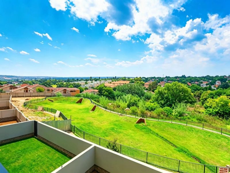 Elevated view overlooking a landscaped green belt, perimeter fencing, and surrounding residential neighborhood under a clear blue sky.