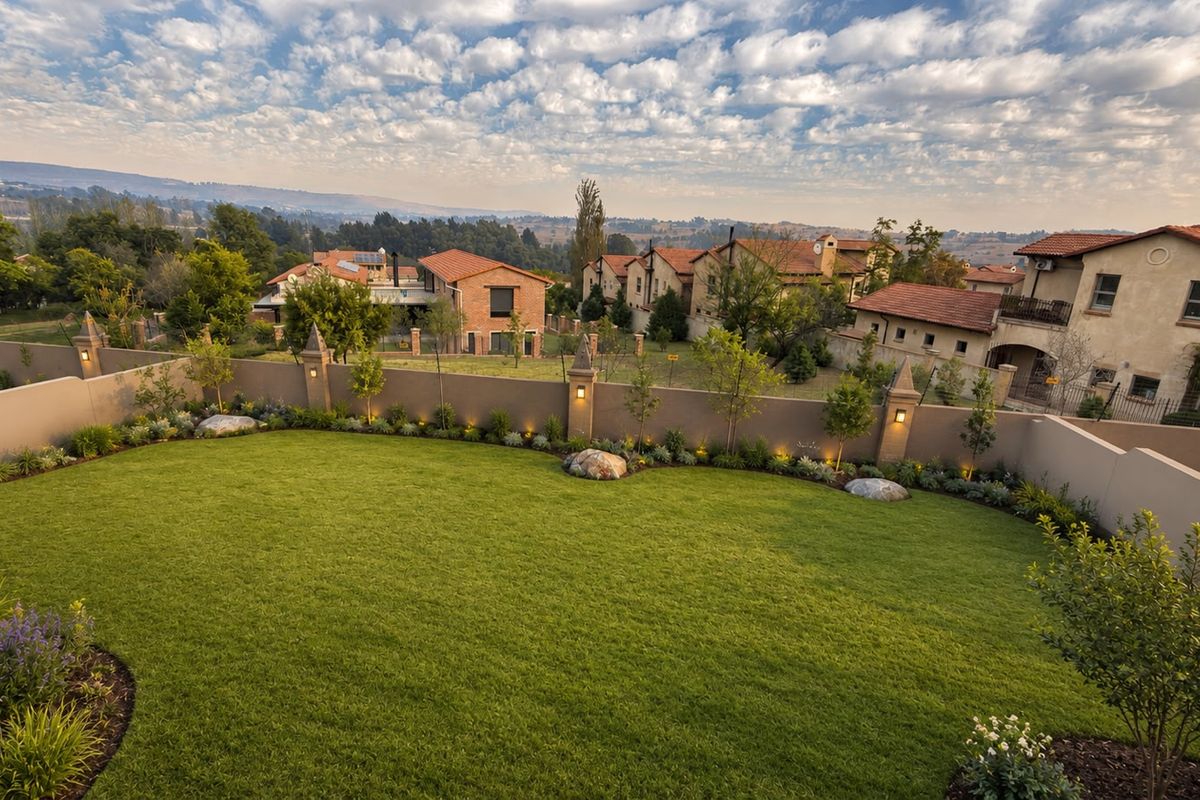 A well-maintained private garden featuring a manicured lawn, perimeter wall with integrated lighting, and scenic views of the surrounding residential estate.