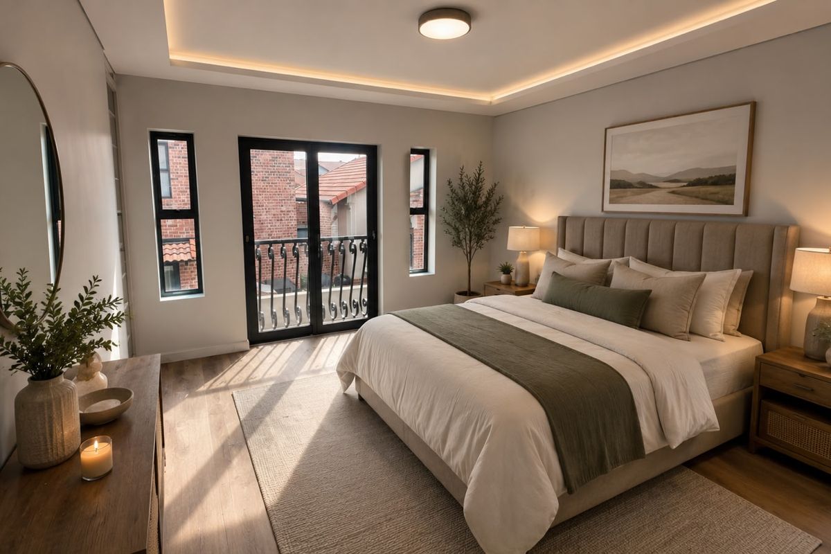 A well-appointed bedroom featuring recessed cove lighting, hardwood flooring, and direct access to a private balcony with wrought iron railings.