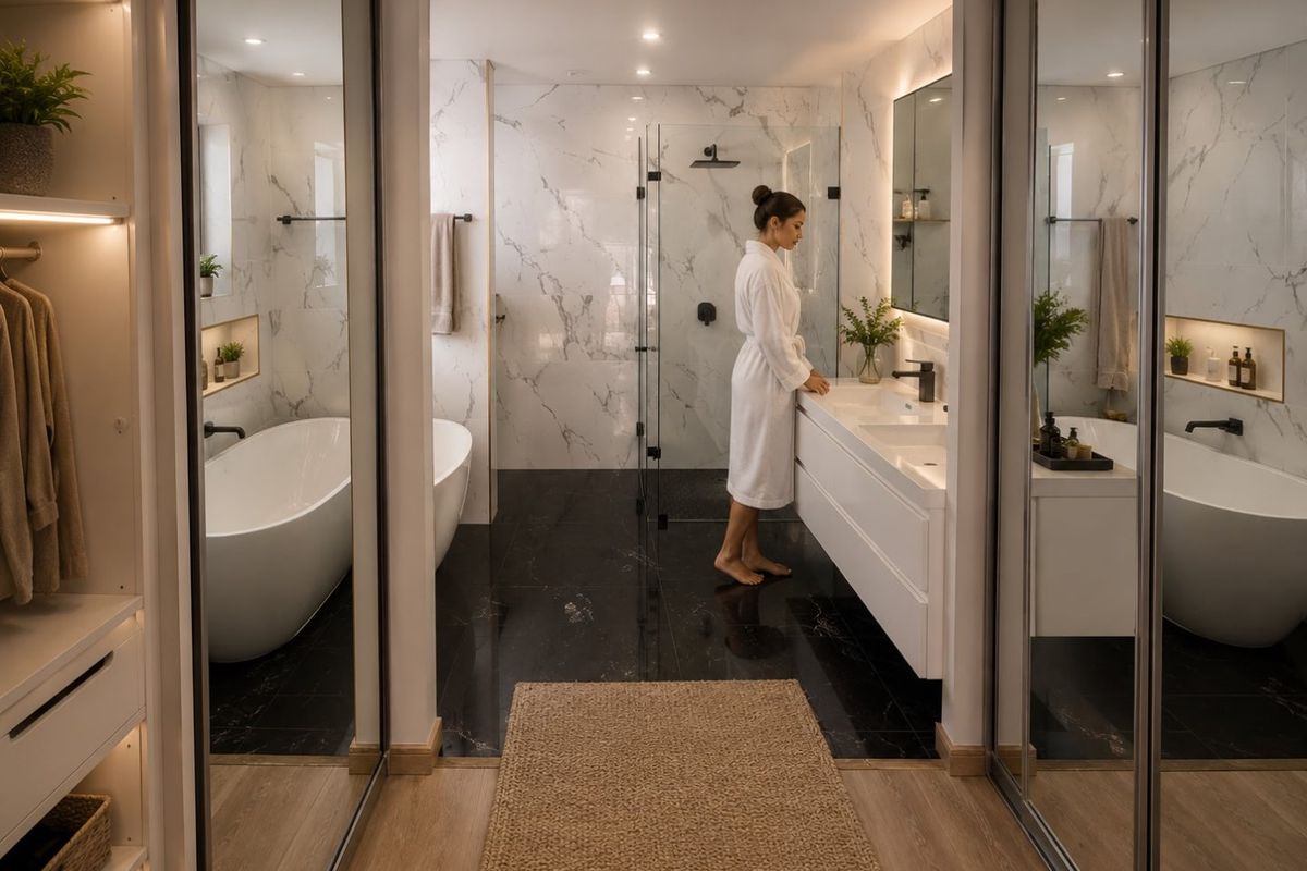 Luxurious modern bathroom featuring a freestanding bathtub, walk-in shower, double vanity with marble finishes, and integrated mirrored wardrobe storage.