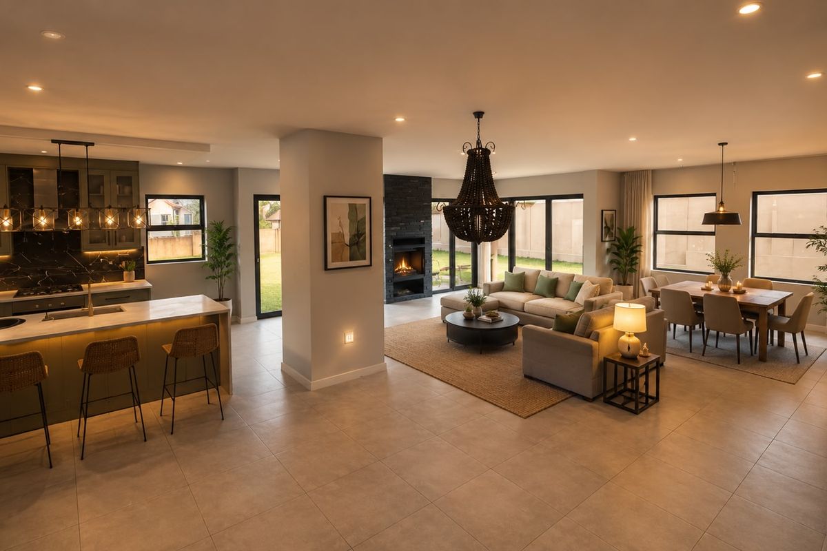 Spacious open-plan living area featuring a modern kitchen with island, dining space, and a cozy fireplace, seamlessly connected to the outdoor area.