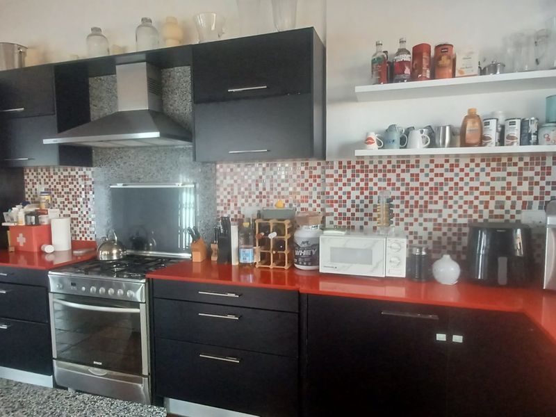 A kitchen featuring dark cabinetry, vibrant red countertops, a mosaic tile backsplash, and stainless steel appliances including a gas stove and extractor fan.