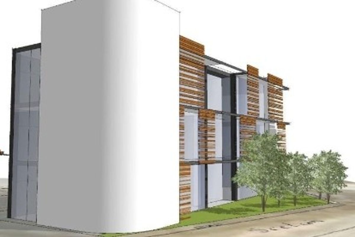 A 3D architectural rendering of a modern multi-story residential building featuring timber cladding and large glass windows.