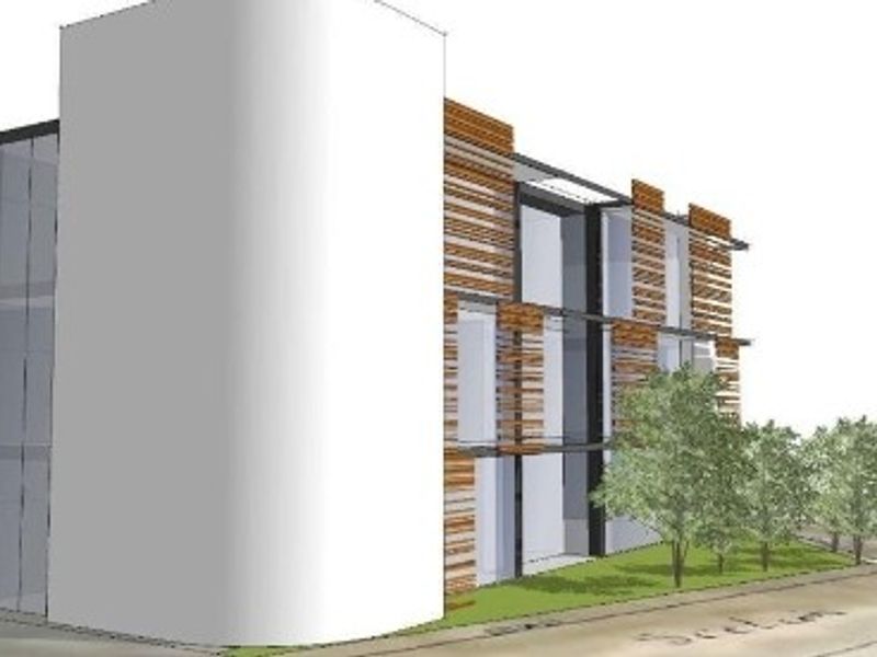 A 3D architectural rendering of a modern multi-story residential building featuring timber cladding and large glass windows.