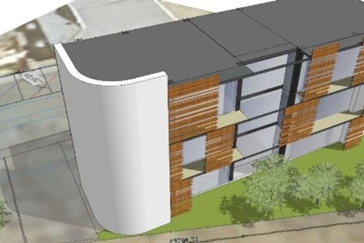 A 3D architectural rendering showing the proposed design and site layout for a multi-story residential building.