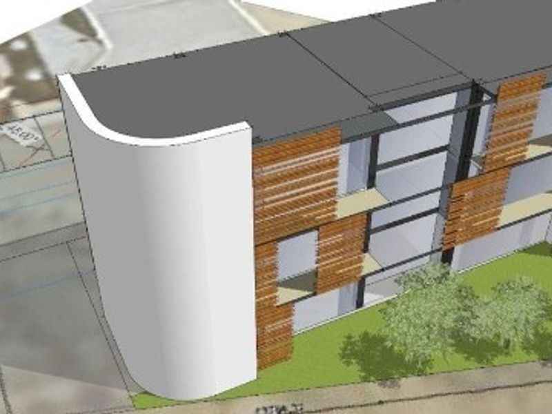 A 3D architectural rendering showing the proposed design and site layout for a multi-story residential building.