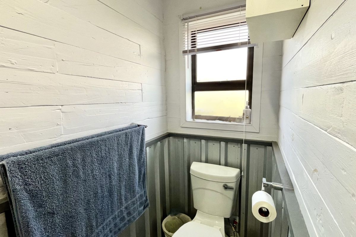A compact bathroom featuring a toilet, corrugated metal lower wall cladding, and white painted timber plank upper walls.