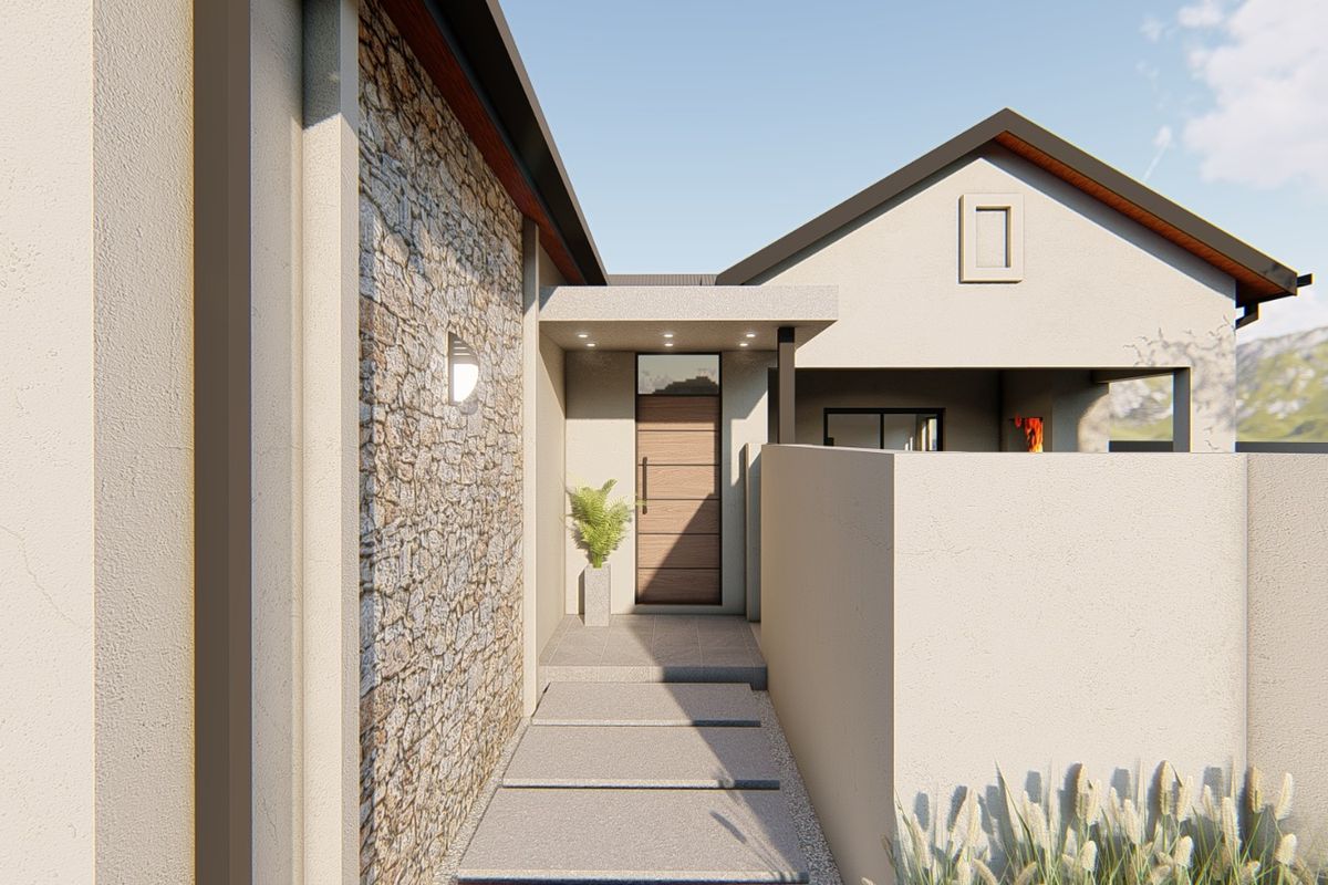 Modern front entrance featuring a stone-clad feature wall, concrete pathway, and a contemporary timber door under a covered porch.