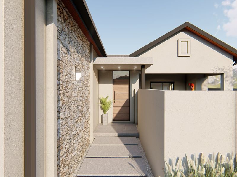 Modern front entrance featuring a stone-clad feature wall, concrete pathway, and a contemporary timber door under a covered porch.