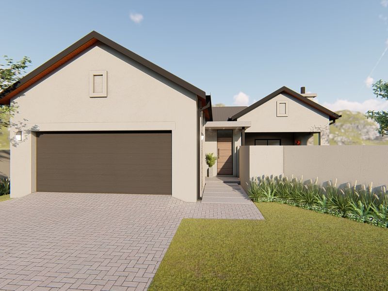 A modern single-story residential facade featuring a double garage, paved driveway, and a clean, contemporary architectural design with a covered entrance.