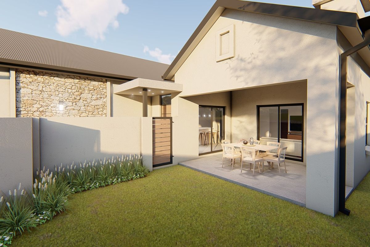 A modern rear exterior view featuring a covered patio, stone-clad wall accents, and a well-maintained garden area with sliding door access.