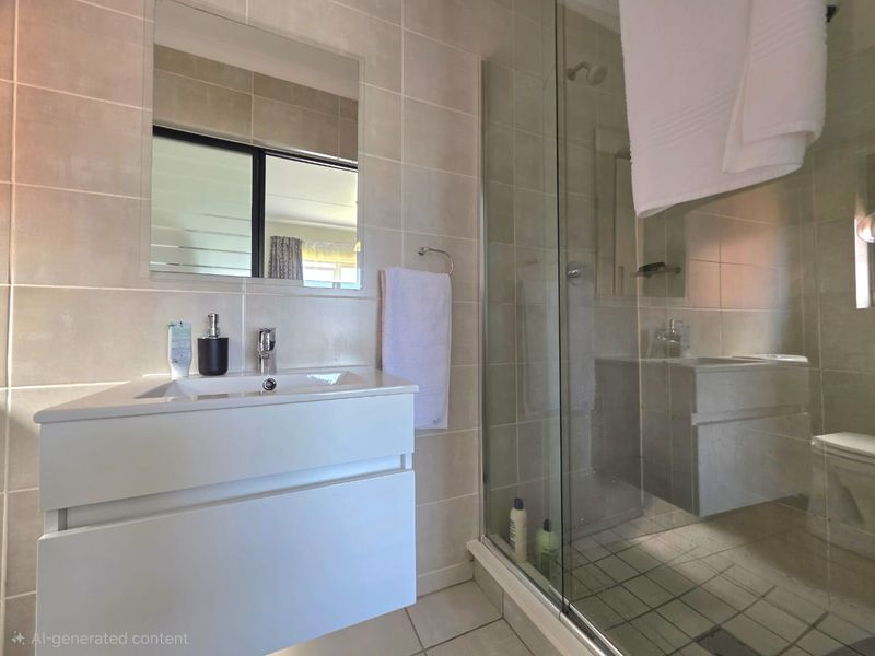 Modern bathroom featuring a wall-mounted vanity with basin, large mirror, and a spacious glass-enclosed shower with neutral ceramic tiling throughout.