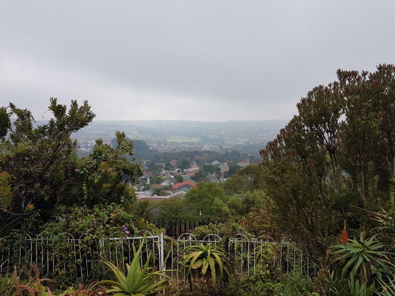 Elevated scenic view overlooking the surrounding residential neighbourhood and landscape, framed by established garden foliage and metal fencing.