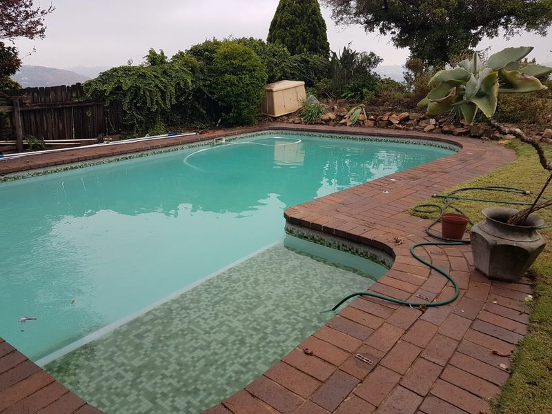 Outdoor swimming pool area featuring brick coping and surrounding brick paving, set against a landscaped garden and timber fencing.