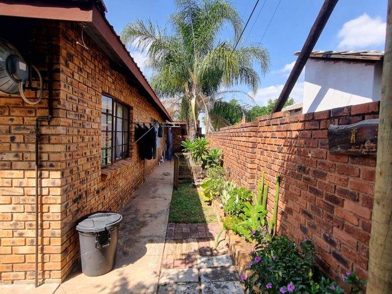 A narrow side passage featuring face brick walls, a concrete walkway, and a brick boundary wall with established garden beds.