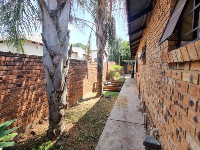 A side exterior view of the property featuring a concrete pathway, exposed brick walls, and mature palm trees along the boundary wall.