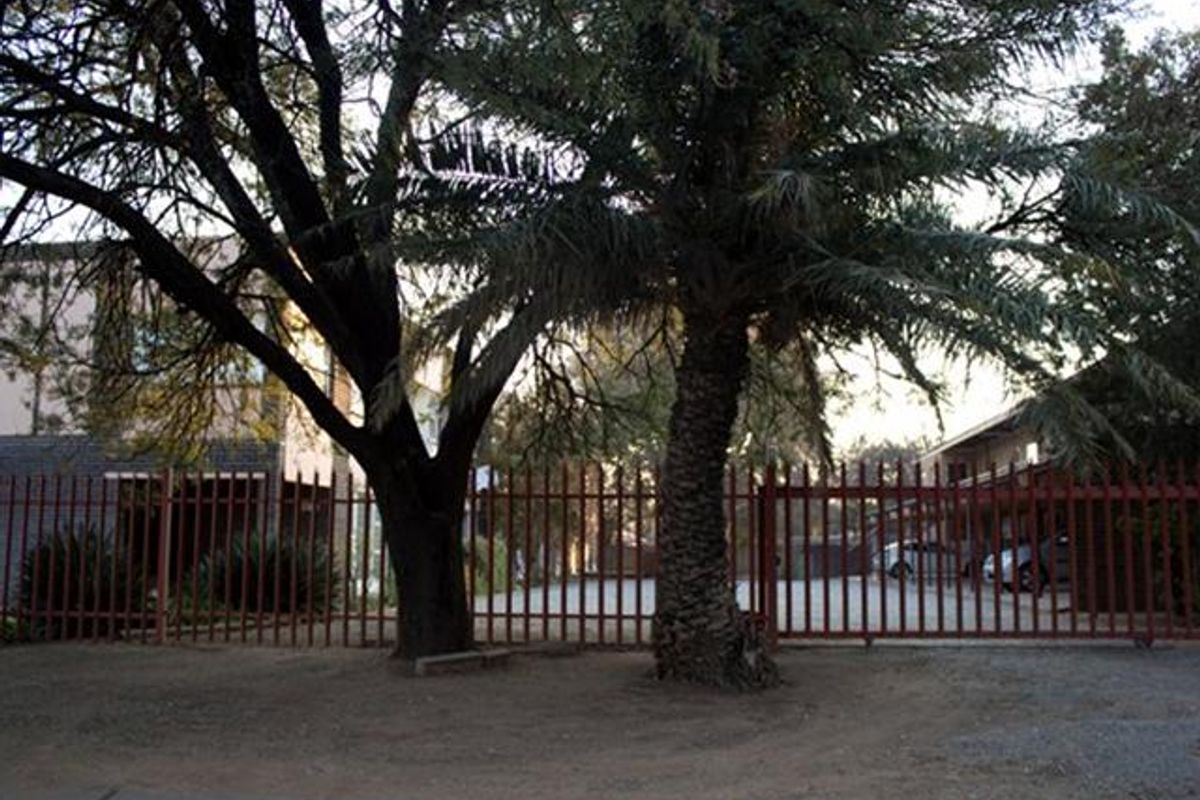 Front view of the apartment complex entrance featuring a metal security fence, sliding gate, and mature trees.