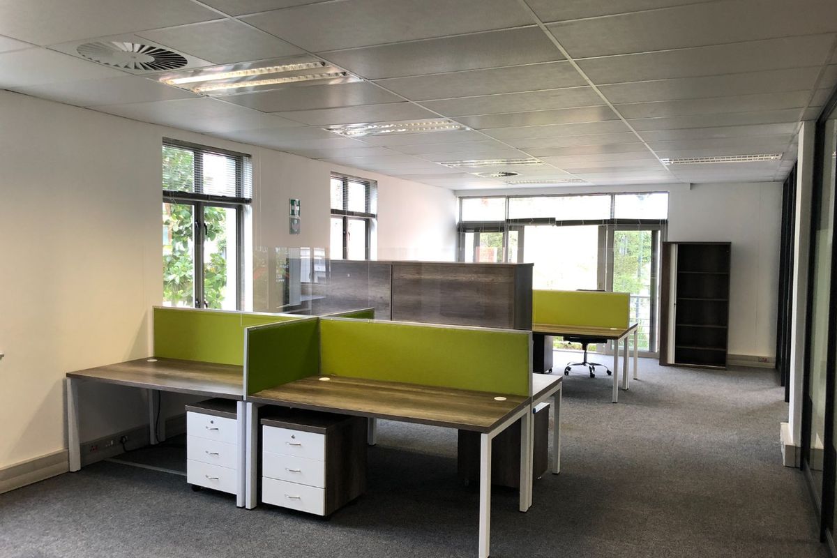 A professional open-plan office space featuring modular workstations with privacy screens, carpeted flooring, and ample natural light from large windows.