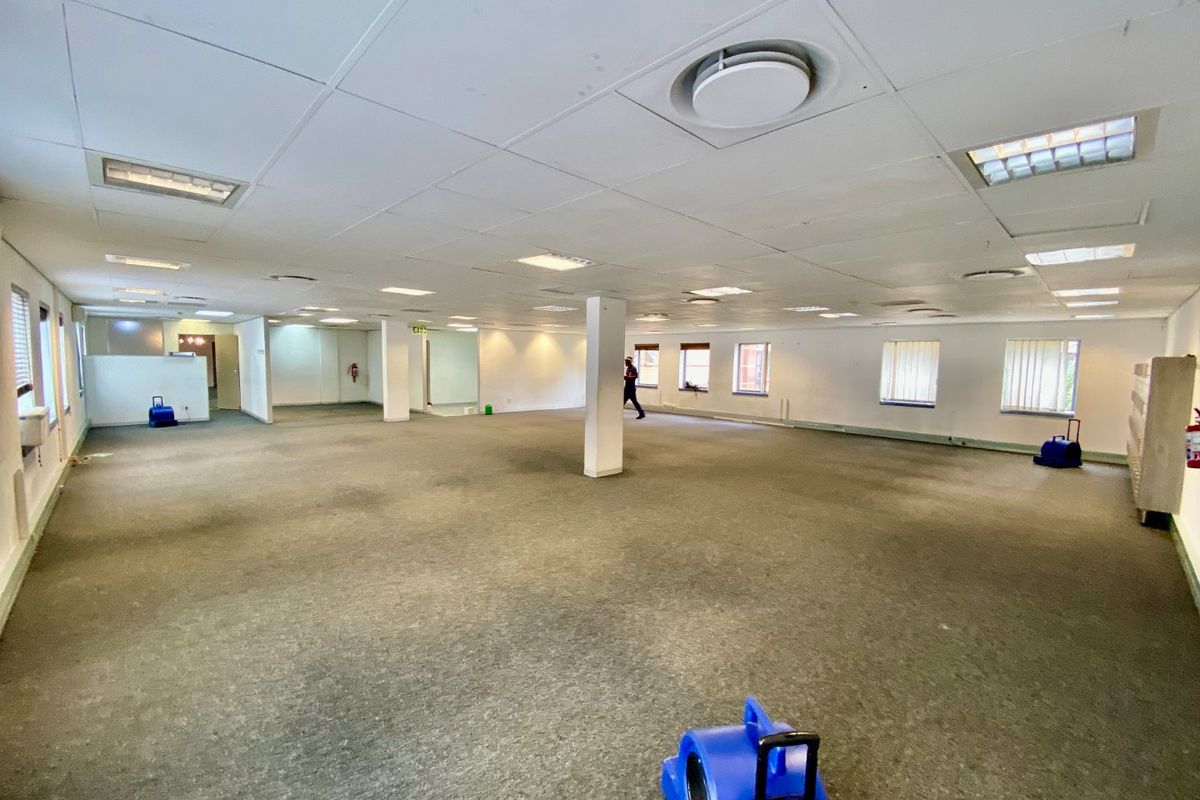 Spacious open-plan commercial office area featuring a suspended ceiling, recessed lighting, and large windows with vertical blinds.