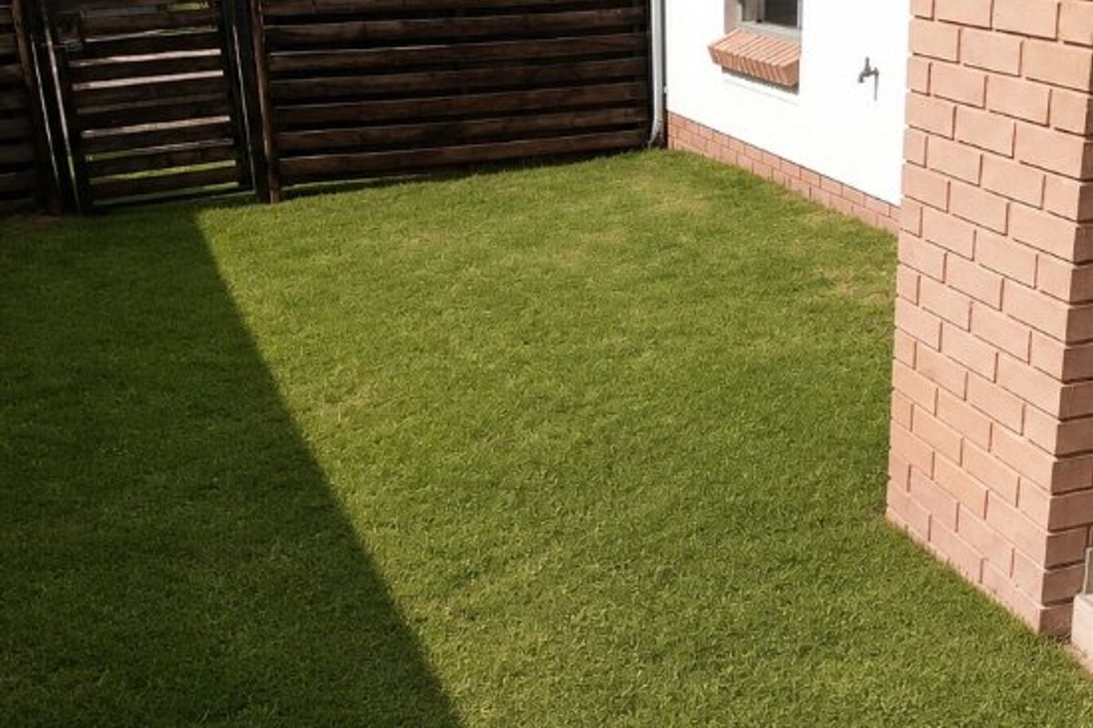 A private rear garden area featuring a well-maintained lawn, timber fencing, and a brick-accented exterior wall with a top-hung window.