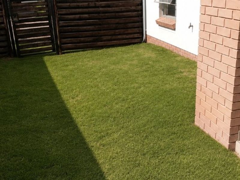 A private rear garden area featuring a well-maintained lawn, timber fencing, and a brick-accented exterior wall with a top-hung window.