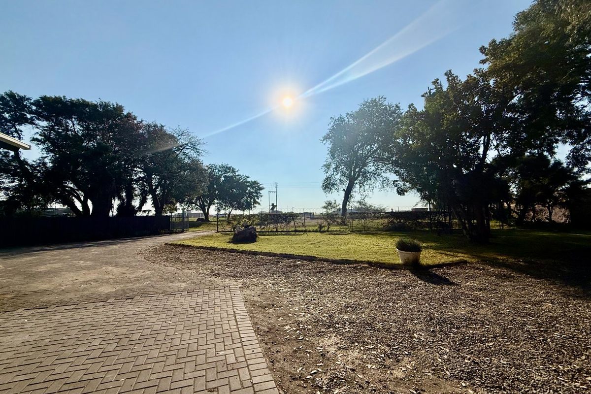 A view of the rear exterior area featuring a paved driveway, open lawn space, and mature trees under a clear sky.