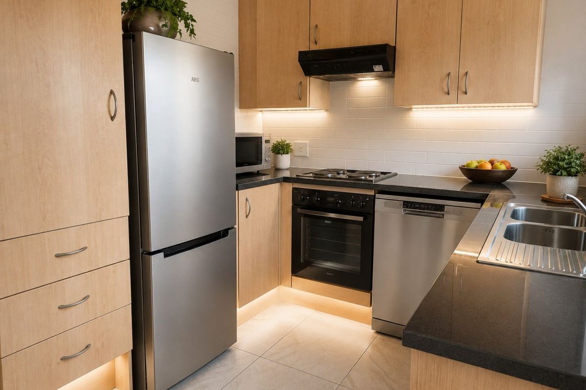 Modern kitchen featuring light wood cabinetry, dark stone countertops, integrated appliances, and sleek under-cabinet lighting, creating a functional and contemporary cooking space.