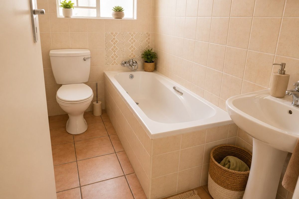 A functional bathroom featuring a pedestal basin, bathtub, and toilet with neutral ceramic wall and floor tiling.