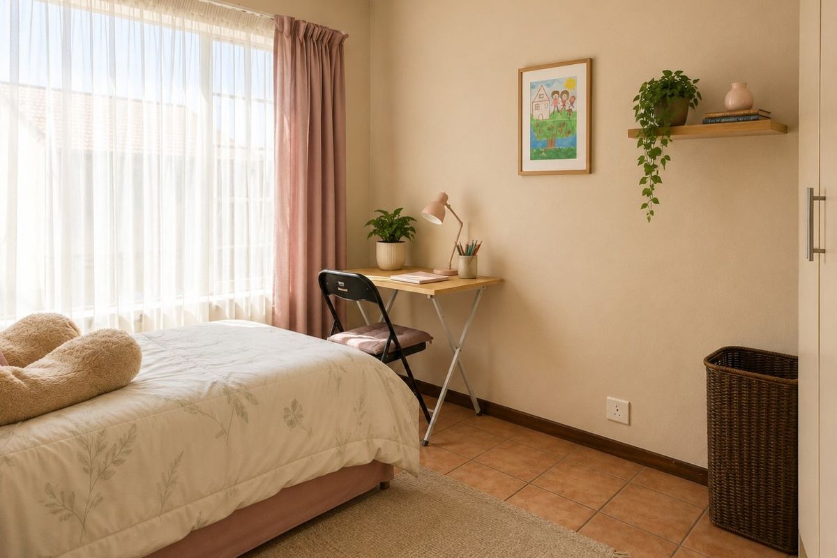 A well-lit bedroom featuring tiled flooring, neutral wall finishes, and a built-in wardrobe, offering a comfortable and functional living space.