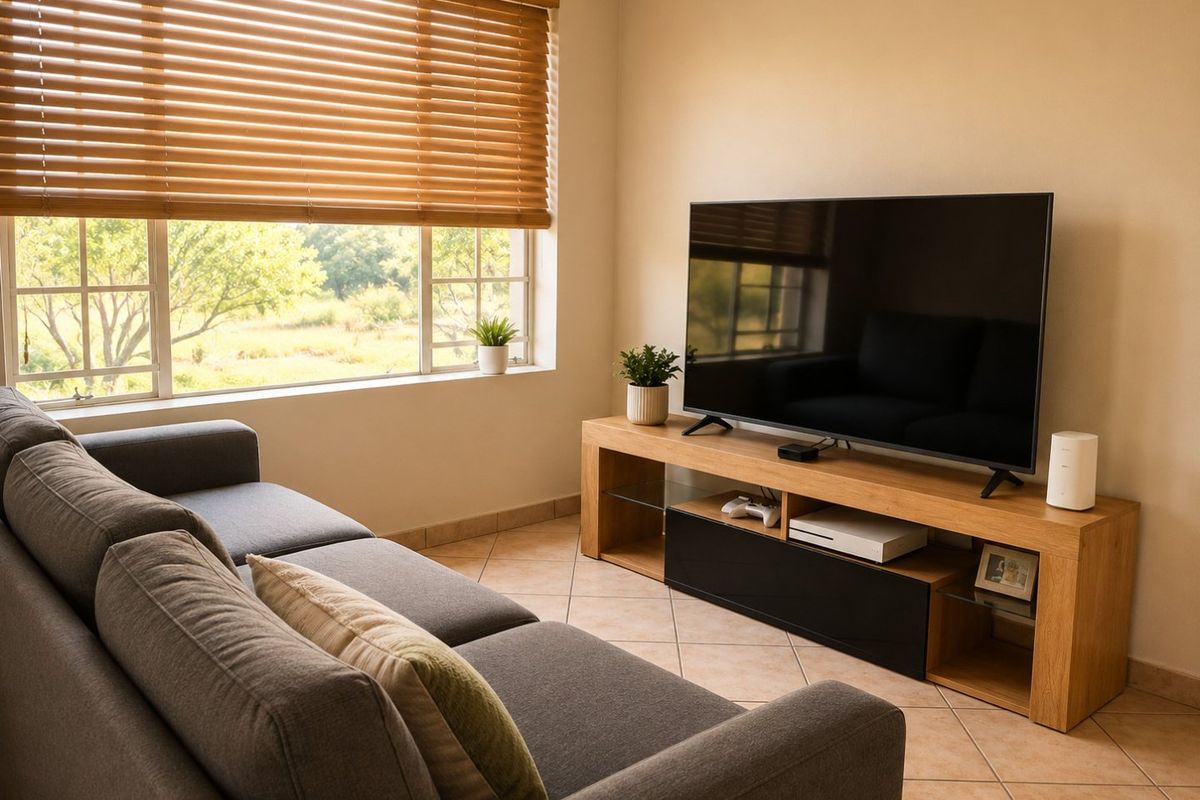 A comfortable living room featuring tiled flooring, a large window with wooden venetian blinds, and ample natural light.