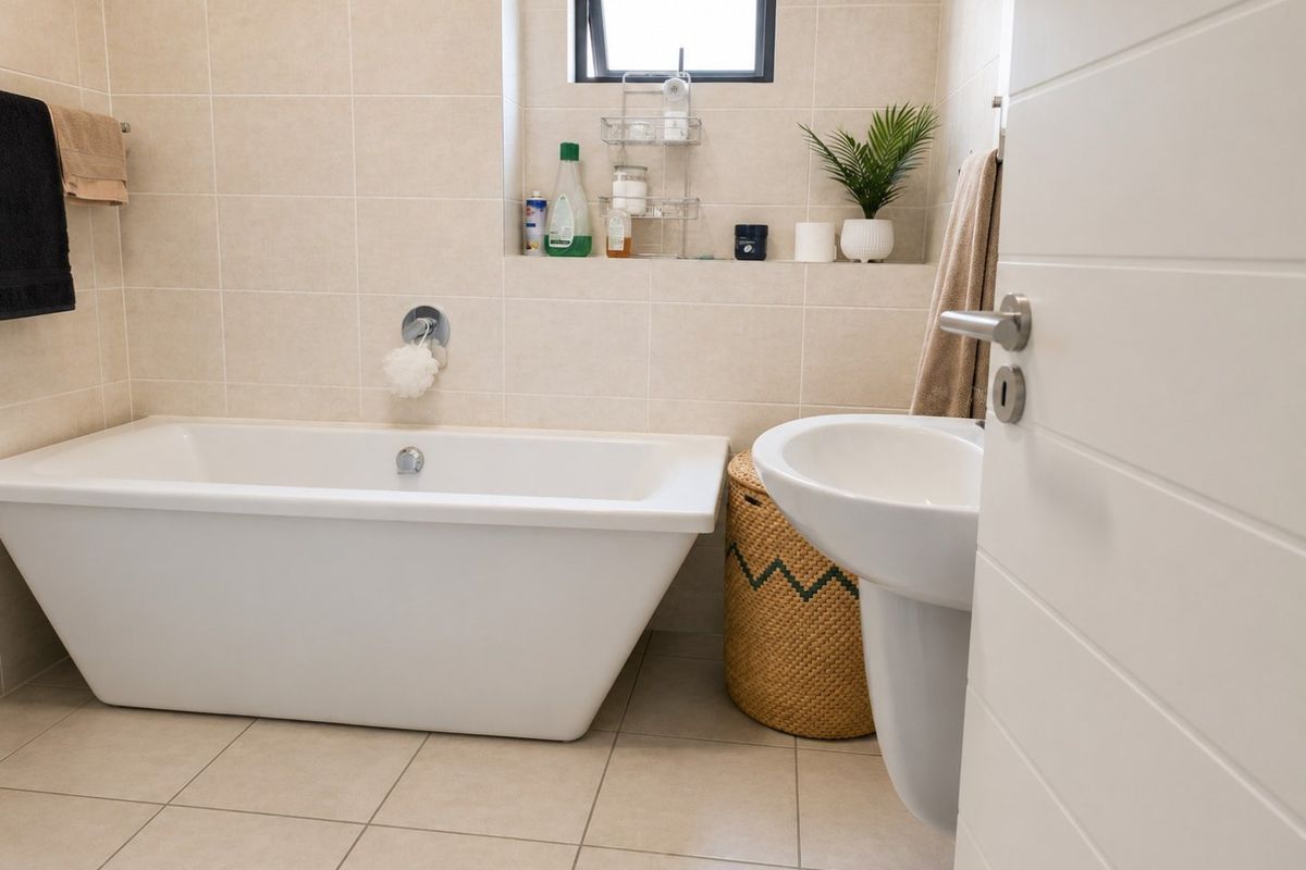 A clean and modern bathroom featuring a white freestanding bathtub, pedestal basin, and neutral wall tiling with a functional recessed shelf.