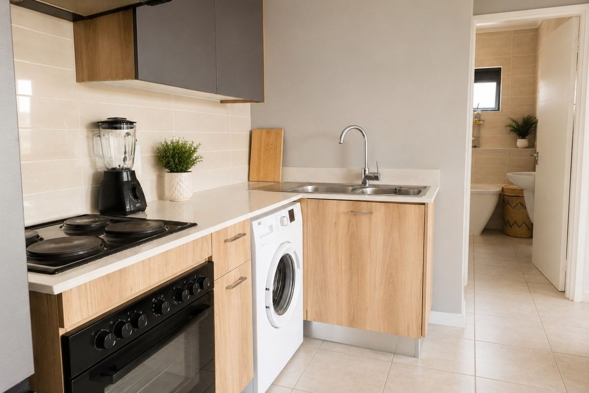 Modern kitchen featuring light wood cabinetry, stone countertops, built-in oven with electric hob, and an integrated washing machine, with tiled flooring throughout.