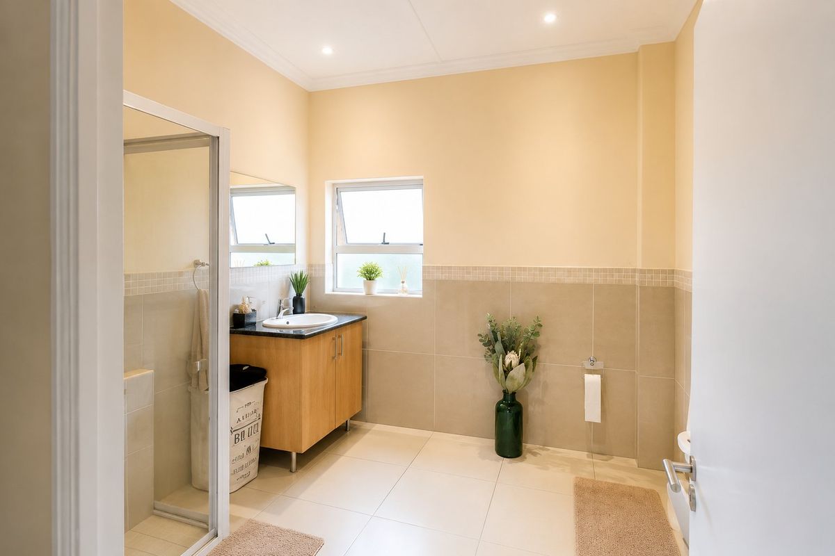 A well-maintained bathroom featuring a glass-enclosed shower, a vanity with a basin, and neutral wall and floor tiling.