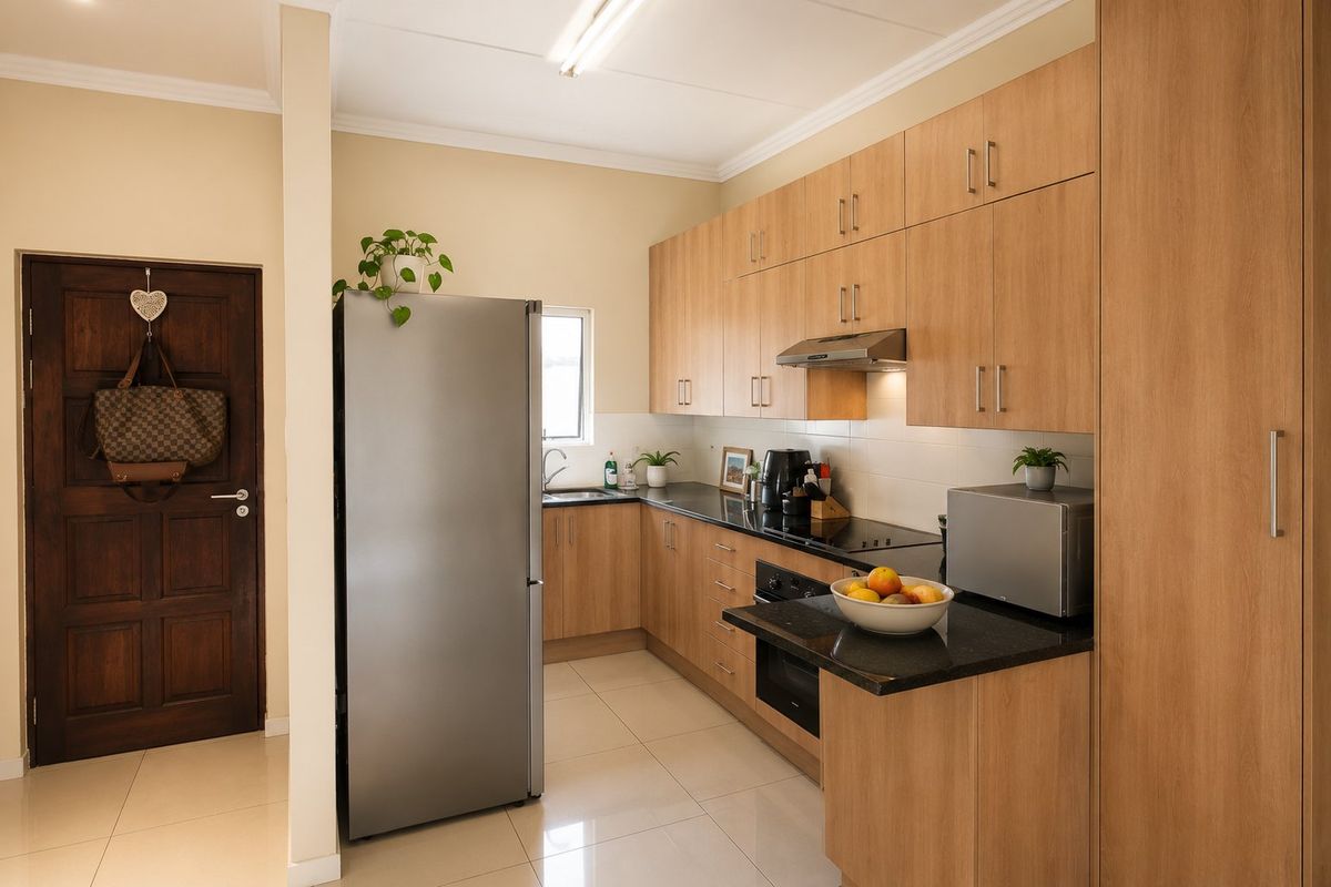 A functional kitchen featuring light wood cabinetry, dark granite countertops, a built-in oven, hob, and extractor fan, complemented by tiled flooring.