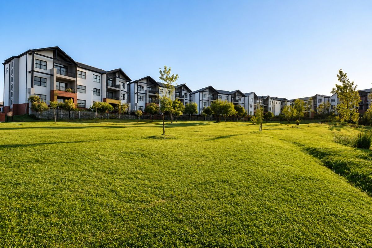 A wide-angle view of a modern apartment complex featuring multi-story residential buildings set against a large, well-maintained communal green lawn.