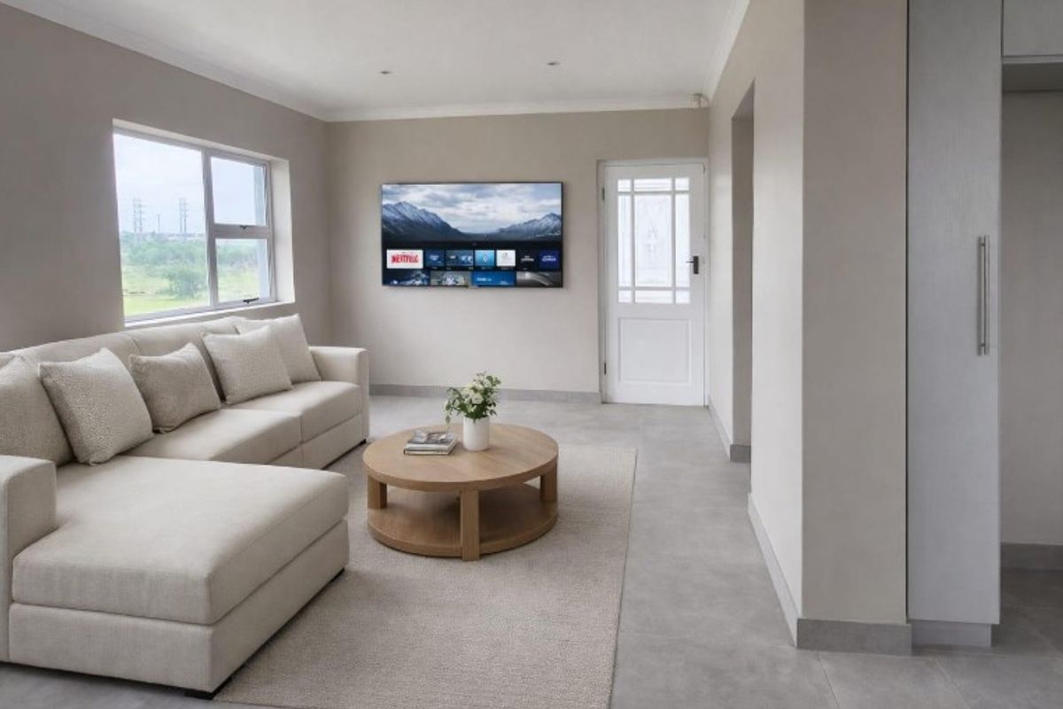 A bright and modern living room featuring neutral wall tones, tiled flooring, and large windows providing natural light.