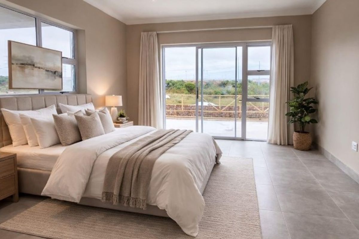 A spacious, well-lit bedroom featuring neutral tones, tiled flooring, and large sliding glass doors that provide access to an outdoor area.