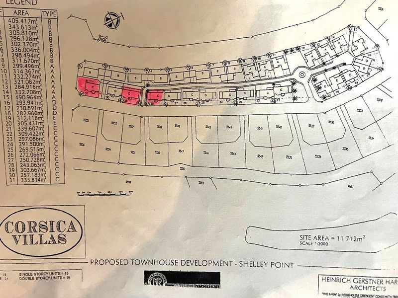 A site plan for the Corsica Villas townhouse development in Shelley Point, detailing individual plot areas and layout.