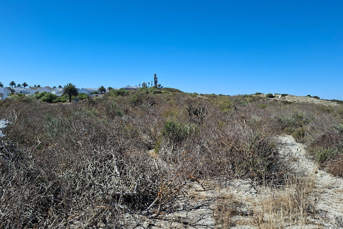 A view of a vacant residential plot featuring natural coastal vegetation and sandy terrain with surrounding residential properties in the distance.