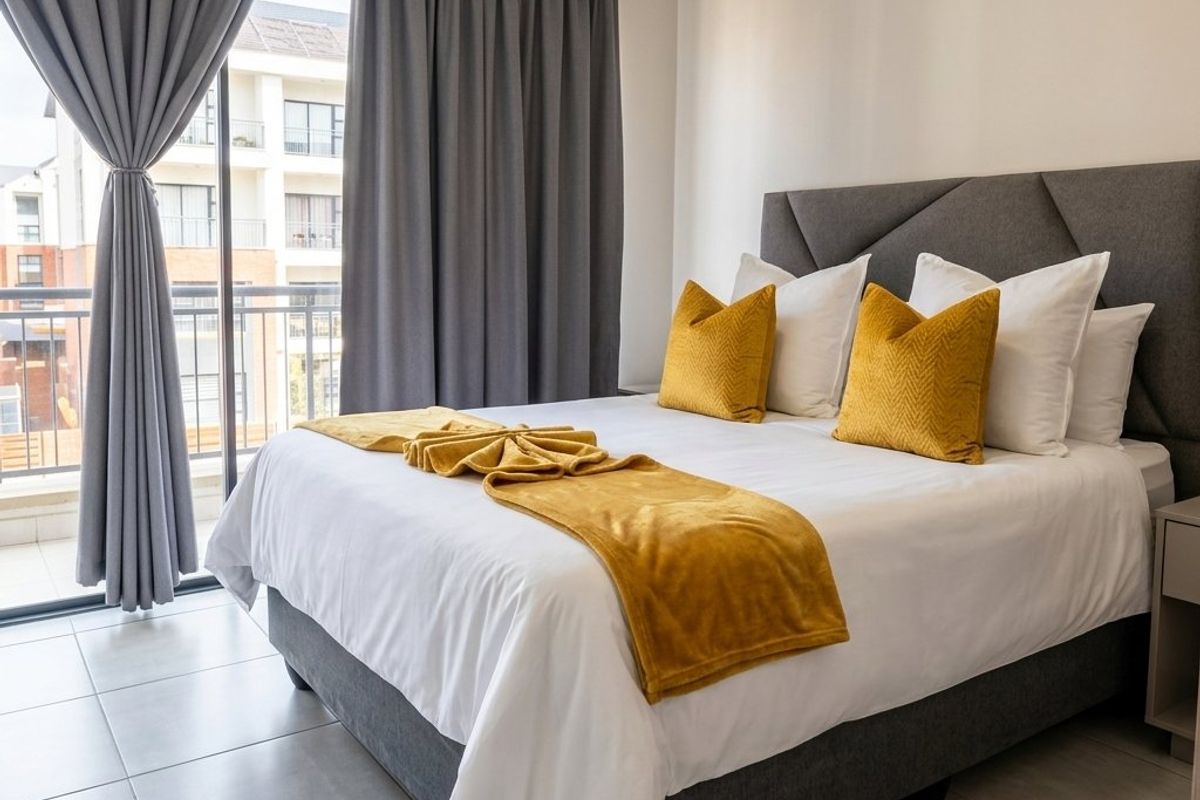 A well-maintained bedroom featuring neutral tiled flooring and a large sliding glass door providing direct access to a private balcony.