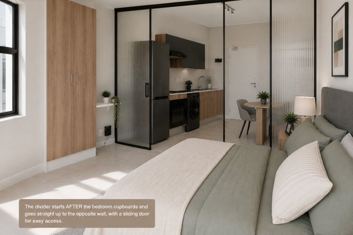 Modern open-plan apartment featuring a bedroom area separated from the kitchen by a stylish fluted glass sliding partition, maximizing space and light.