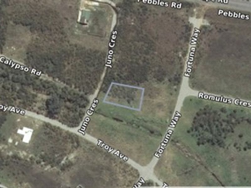 An aerial view showing the location and boundaries of the vacant residential land plot situated between Juno Crescent and Fortuna Way.