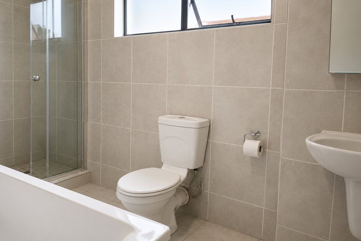 A clean, modern bathroom featuring a glass shower enclosure, a bathtub, a pedestal basin, and neutral floor-to-ceiling wall tiles.