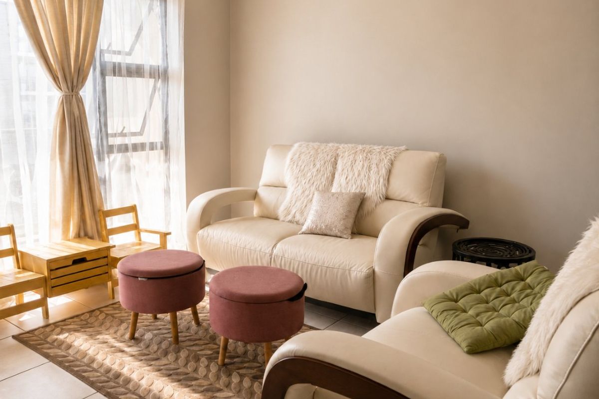 A bright and comfortable living room featuring neutral wall tones, tiled flooring, and a large window that allows for ample natural light.