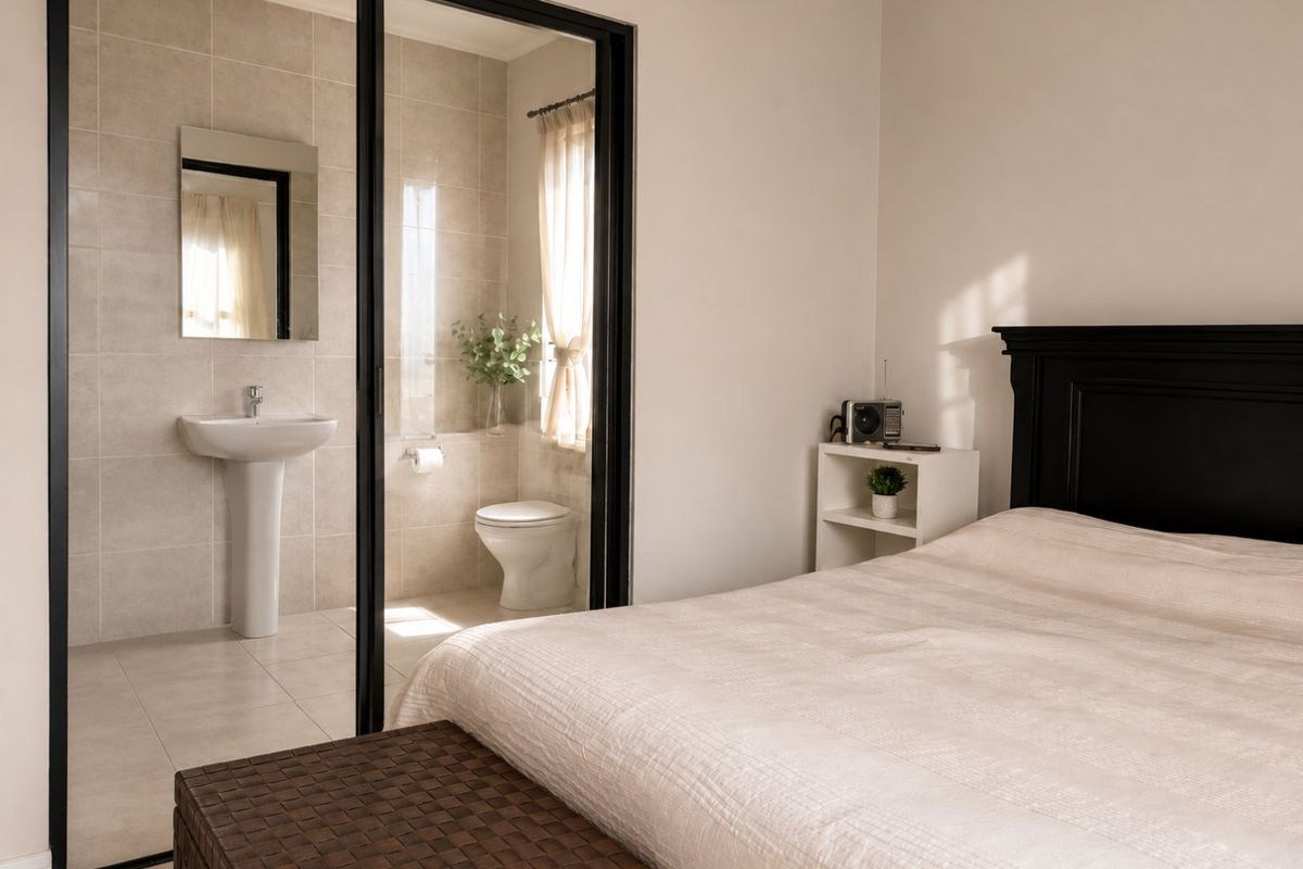 A well-maintained bedroom featuring an en-suite bathroom with a pedestal basin and toilet, separated by a modern black-framed sliding glass door.