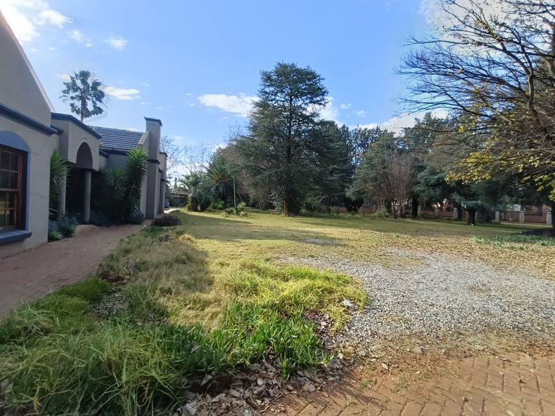 A spacious garden area featuring a paved walkway alongside the house, mature trees, and a gravel driveway.