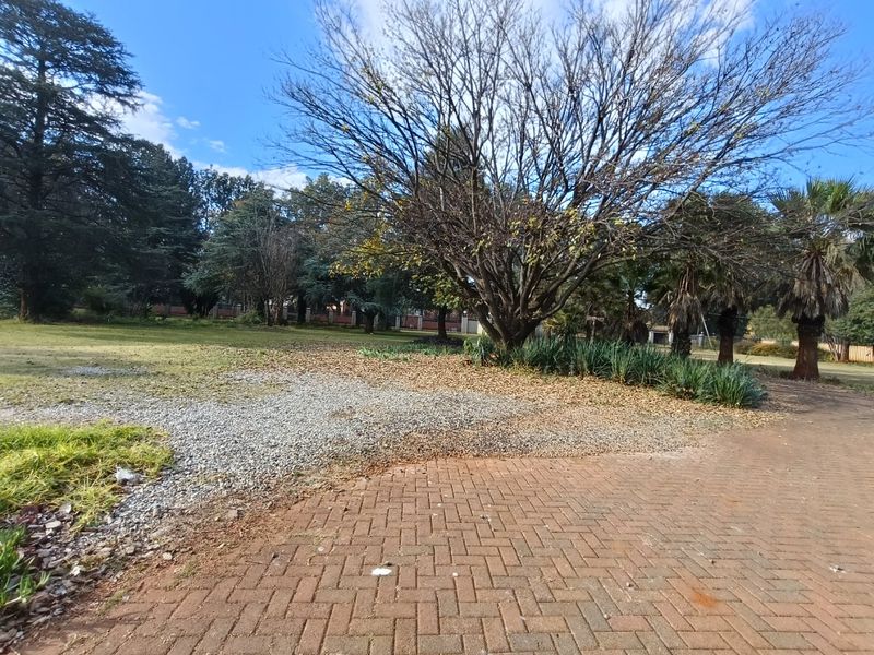 A spacious garden area featuring a paved driveway, gravel sections, and mature trees, offering a natural and established outdoor setting.