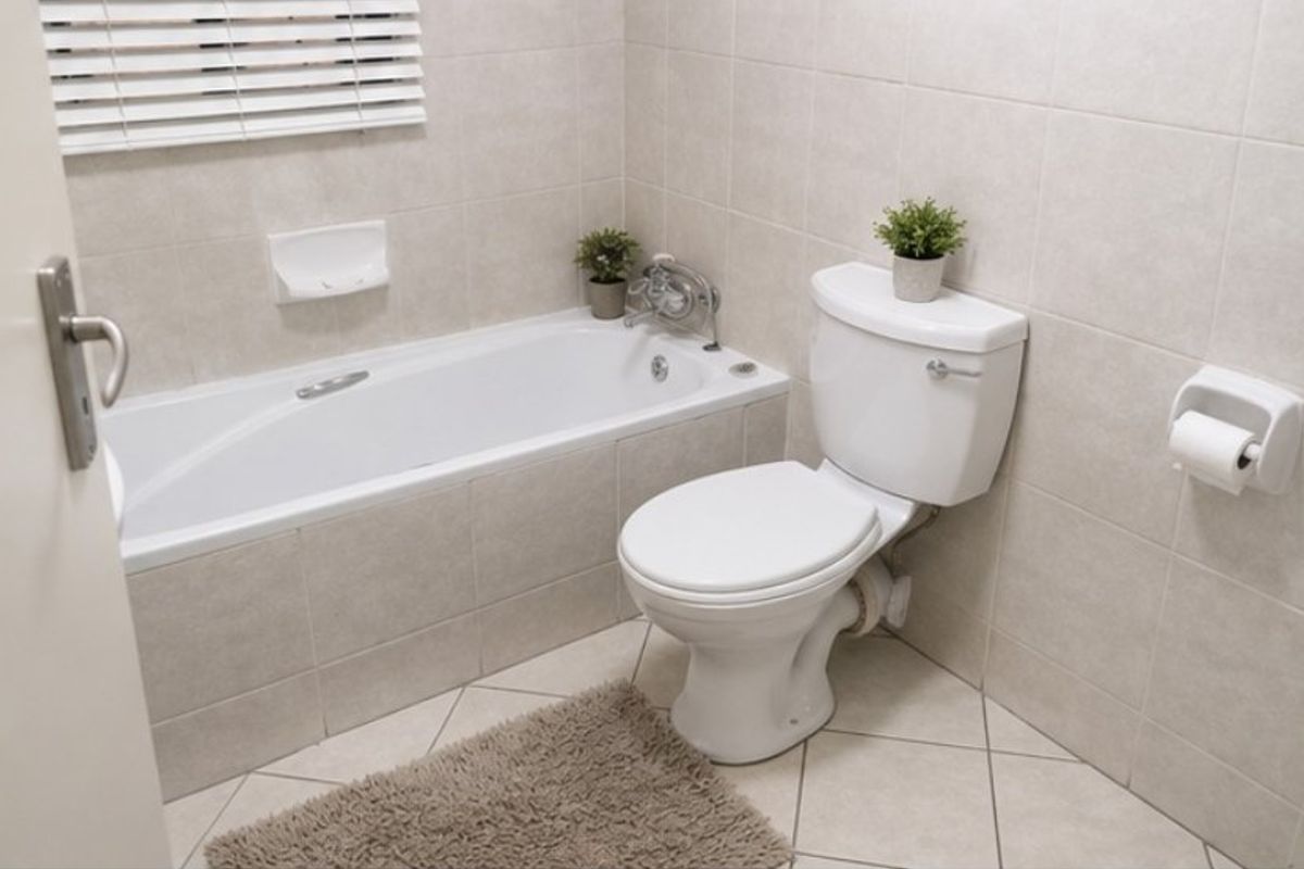 A clean and functional bathroom featuring a built-in bathtub, standard toilet, and neutral ceramic tiling throughout.