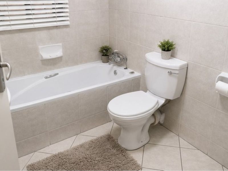 A clean and functional bathroom featuring a built-in bathtub, standard toilet, and neutral ceramic tiling throughout.