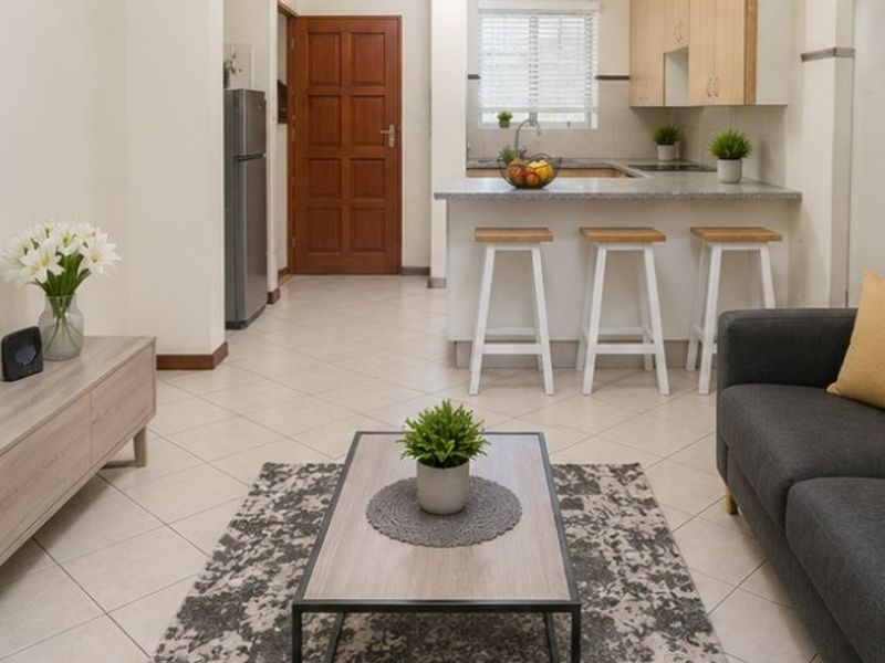 An open-plan living and kitchen area featuring tiled flooring, light wood cabinetry, and a breakfast bar counter.